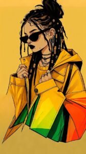 girl, phone wallpaper, solo, braid, black hair, yellow background, sunglasses, earrings, mole, jewelry, black, goggles, fashion, chain, wallpapers, 4k, 2d